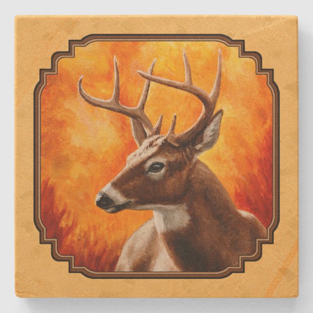 Whitetail Deer Autumn Gold Stone Coaster (Front)