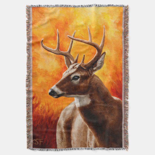 Whitetail Deer Autumn Gold Throw Blanket (Front Vertical)