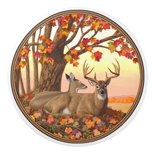 Whitetail Deer Autumn Maple Tree Ceramic Knob
