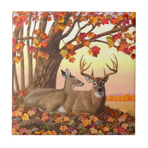 Whitetail Deer Autumn Maple Tree Ceramic Tile
