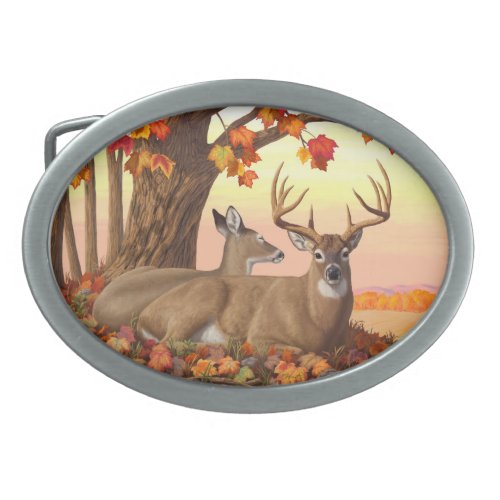 Whitetail Deer Autumn Maple Tree Oval Belt Buckle