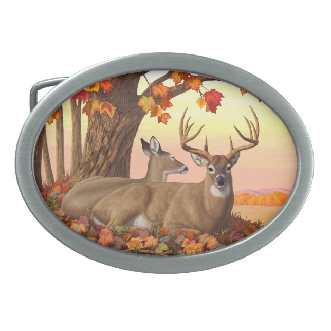 Whitetail Deer Autumn Maple Tree Oval Belt Buckle (Front)