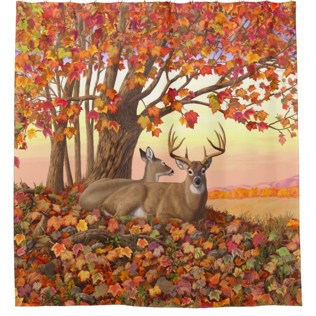 Whitetail Deer Autumn Maple Tree Shower Curtain (Front)