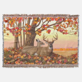 Whitetail Deer Autumn Maple Tree Throw Blanket