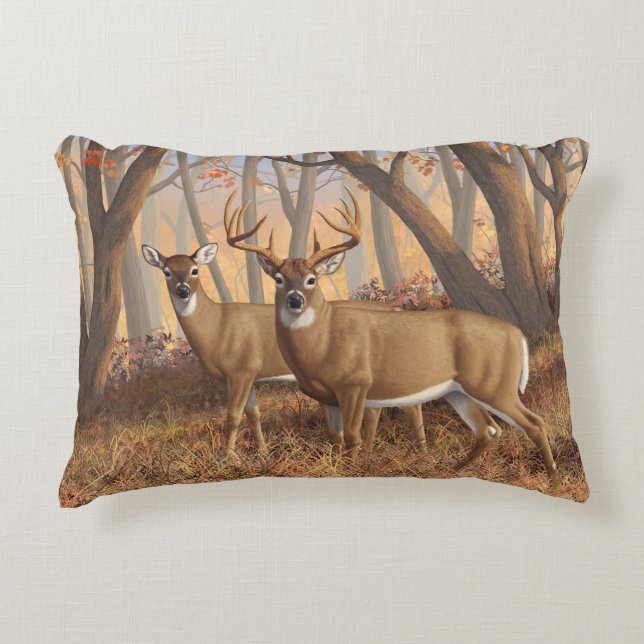 Whitetail Deer Buck & Doe Autumn Maple Woods Accent Pillow (Front)