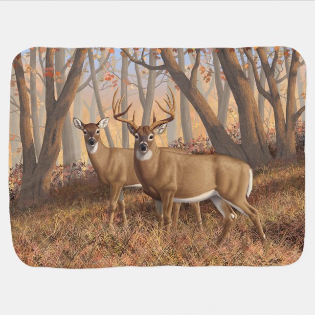 Whitetail Deer Buck & Doe Autumn Maple Woods Baby Blanket (Horizontal)