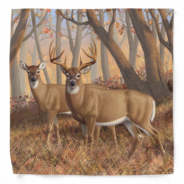 Whitetail Deer Buck & Doe Autumn Maple Woods Bandana (Front)