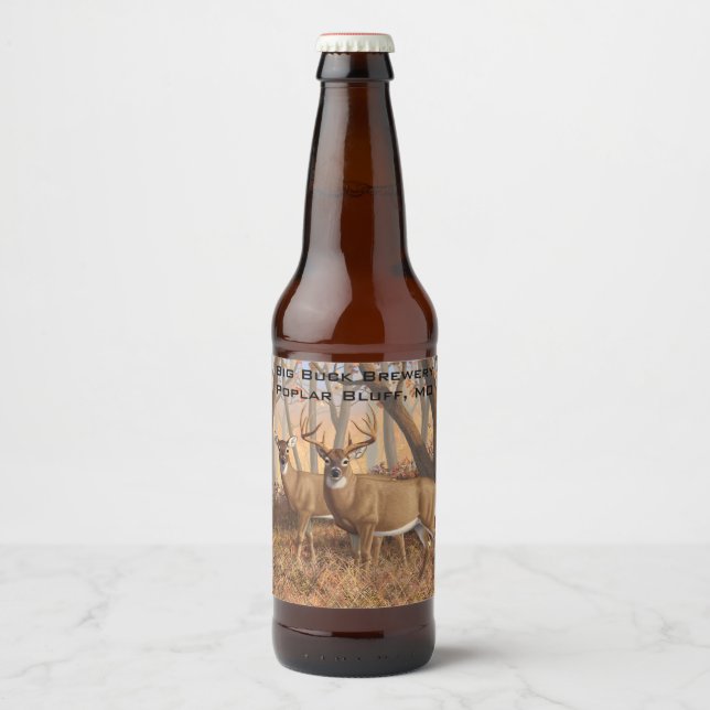 Whitetail Deer Buck & Doe Autumn Maple Woods Beer Bottle Label (Front)