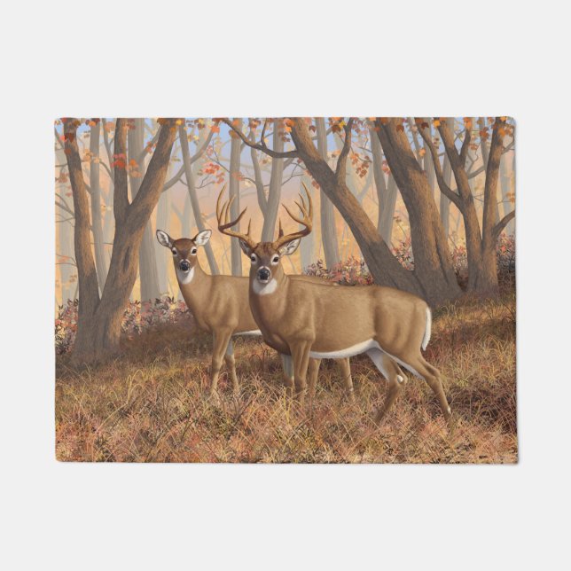Whitetail Deer Buck & Doe Autumn Maple Woods Doormat (Front)