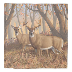 Whitetail Deer Buck & Doe Autumn Maple Woods Duvet Cover