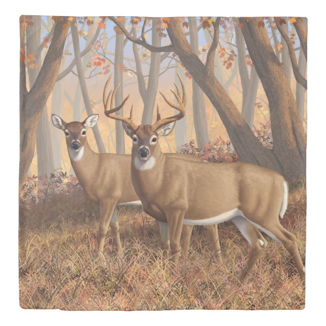Whitetail Deer Buck & Doe Autumn Maple Woods Duvet Cover (Front)