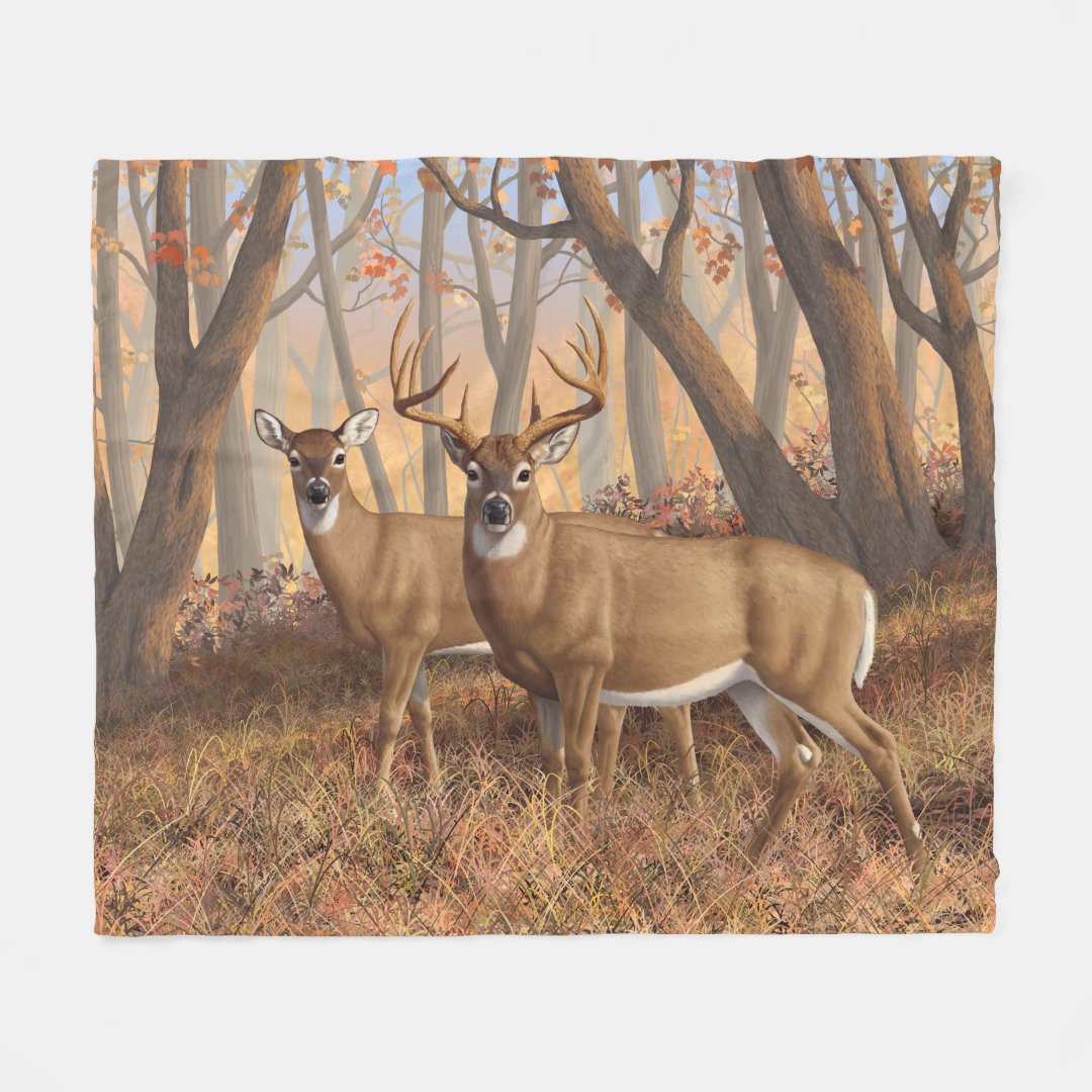 Whitetail Deer Buck & Doe Autumn Maple Woods Fleece Blanket Zazzle