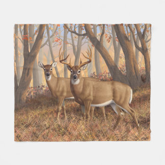 Whitetail Deer Buck & Doe Autumn Maple Woods Fleece Blanket