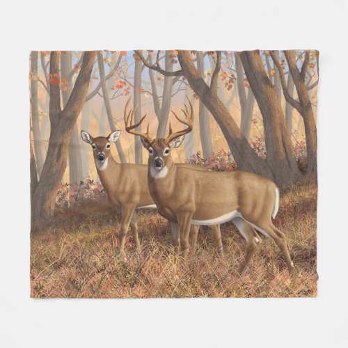 Whitetail Deer Buck  Doe Autumn Maple Woods Fleece Blanket