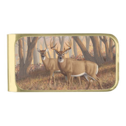 Whitetail Deer Buck &amp; Doe Autumn Maple Woods Gold Finish Money Clip