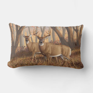 Whitetail Deer Buck & Doe Autumn Maple Woods Lumbar Pillow