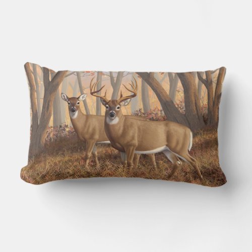 Whitetail Deer Buck  Doe Autumn Maple Woods Lumbar Pillow