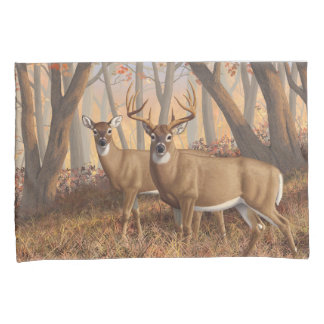 Whitetail Deer Buck & Doe Autumn Maple Woods Pillowcase