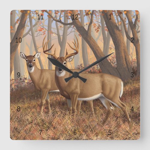 Whitetail Deer Buck  Doe Autumn Maple Woods Square Wall Clock