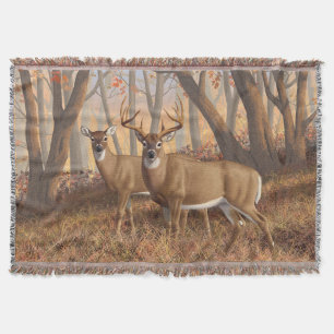 Whitetail Deer Buck & Doe Autumn Maple Woods Throw Blanket
