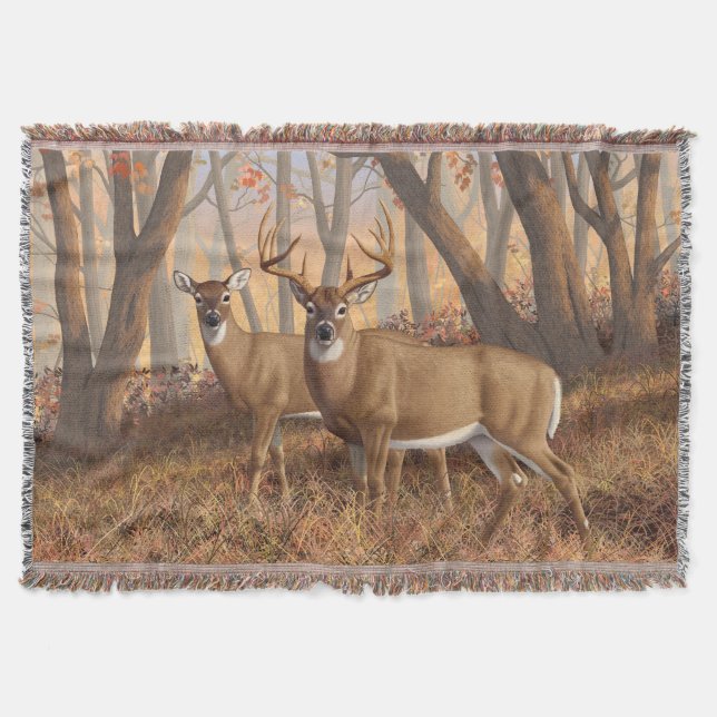 Whitetail Deer Buck & Doe Autumn Maple Woods Throw Blanket (Front)