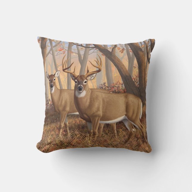 Whitetail Deer Buck & Doe Autumn Maple Woods Throw Pillow (Front)