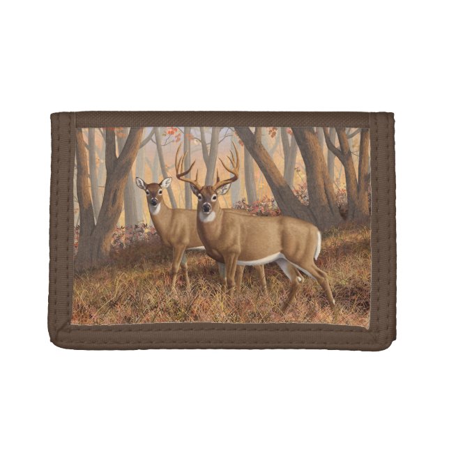 Whitetail Deer Buck & Doe Autumn Maple Woods Trifold Wallet (Front)