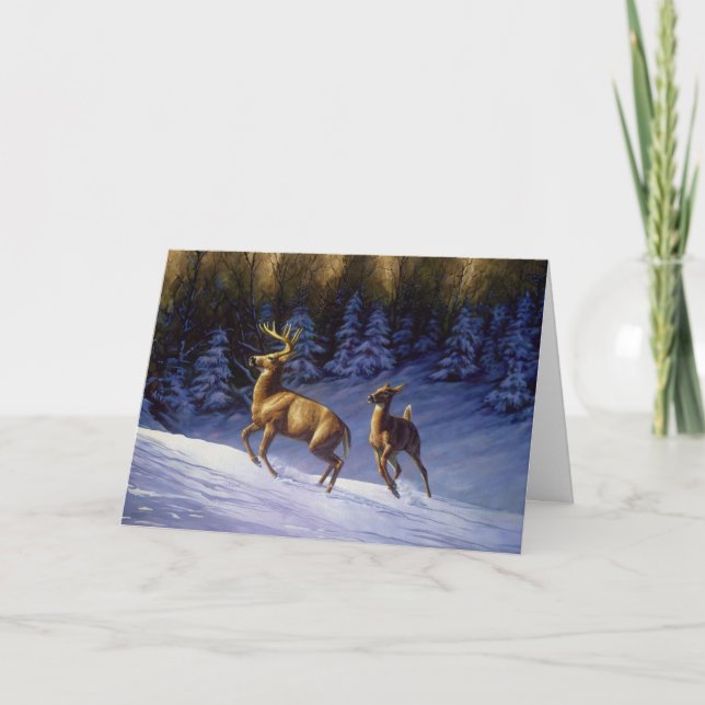 Whitetail Deer Buck & Doe in Winter Snow Card (Front)