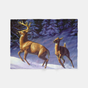Whitetail Deer Buck & Doe in Winter Snow Fleece Blanket