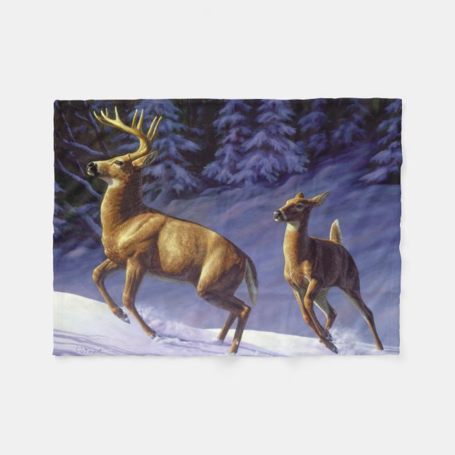 Whitetail Deer Buck & Doe in Winter Snow Fleece Blanket (Front (Horizontal))
