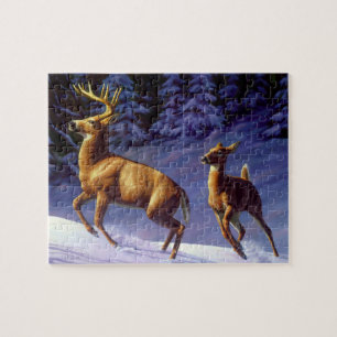 Whitetail Deer Buck & Doe in Winter Snow Jigsaw Puzzle