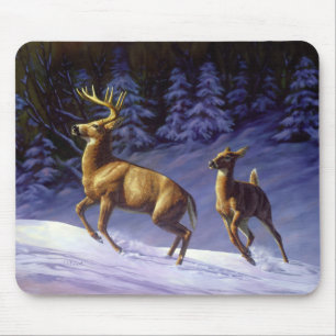 Whitetail Deer Buck & Doe in Winter Snow Mouse Pad