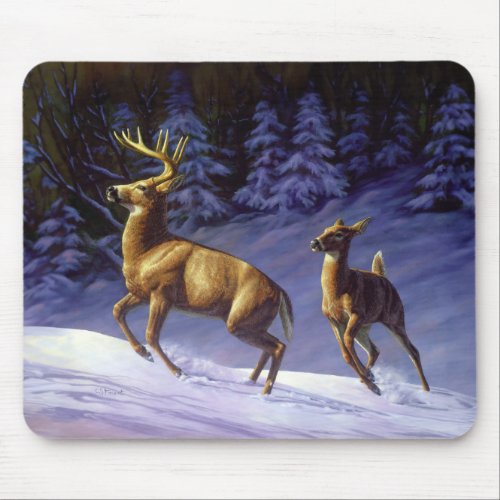 Whitetail Deer Buck  Doe in Winter Snow Mouse Pad