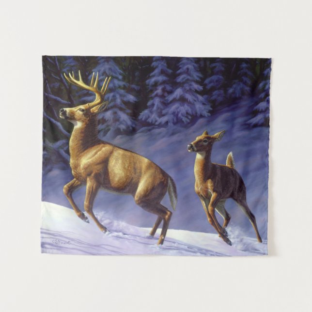 Whitetail Deer Buck & Doe in Winter Snow Tapestry (Front (Horizontal))