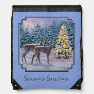 Whitetail Deer & Christmas Tree Winter Blue Drawstring Bag