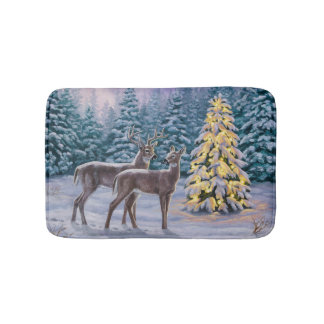 Whitetail Deer & Christmas Tree Winter Scene Bath Mat