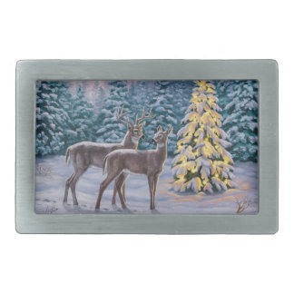 Whitetail Deer & Christmas Tree Winter Scene Belt Buckle