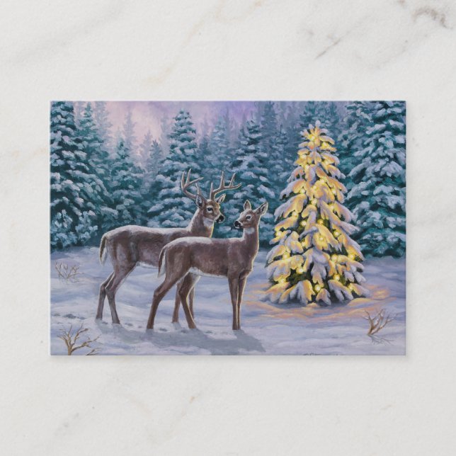 Whitetail Deer & Christmas Tree Winter Scene Business Card (Front)