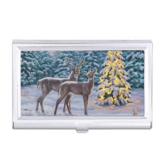 Whitetail Deer & Christmas Tree Winter Scene Business Card Case