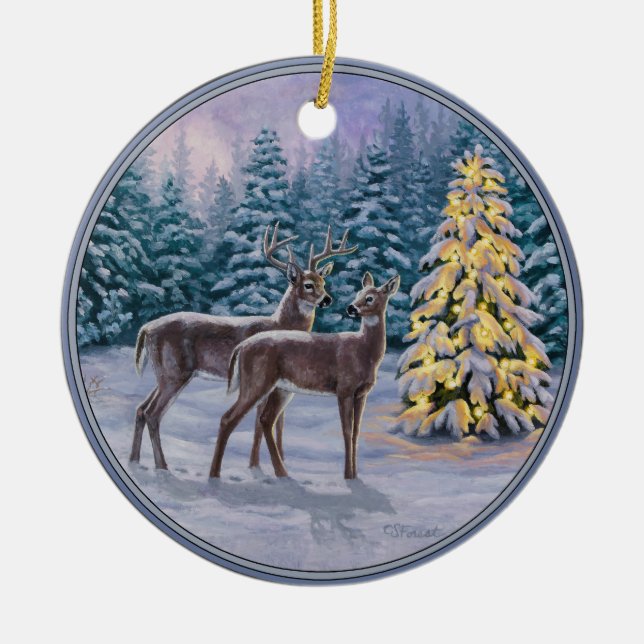 Whitetail Deer & Christmas Tree Winter Scene Ceramic Ornament (Front)