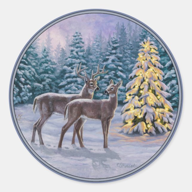 Whitetail Deer & Christmas Tree Winter Scene Classic Round Sticker (Front)