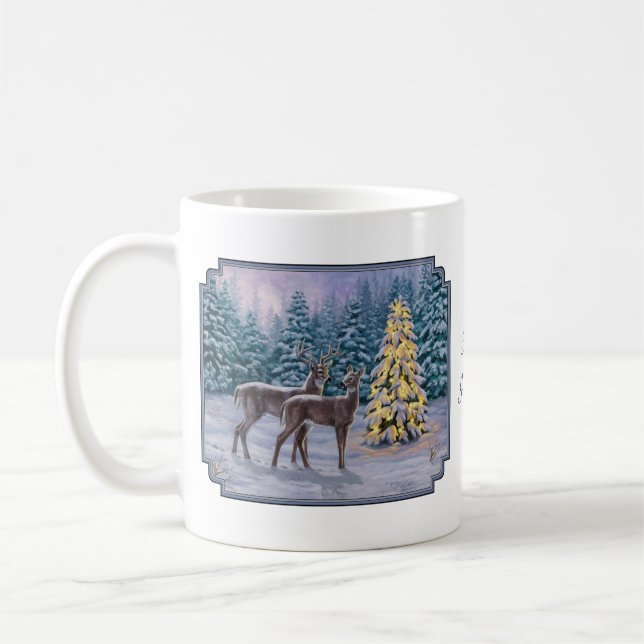 Whitetail Deer & Christmas Tree Winter Scene Coffee Mug (Left)