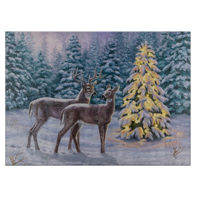 Whitetail Deer & Christmas Tree Winter Scene Cutting Board (Front)