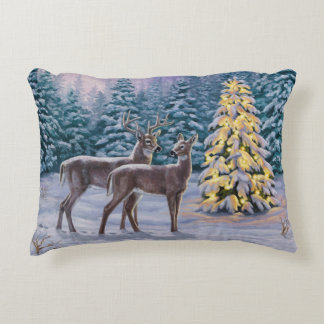 Whitetail Deer & Christmas Tree Winter Scene Decorative Pillow