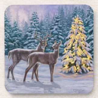 Whitetail Deer & Christmas Tree Winter Scene Drink Coaster