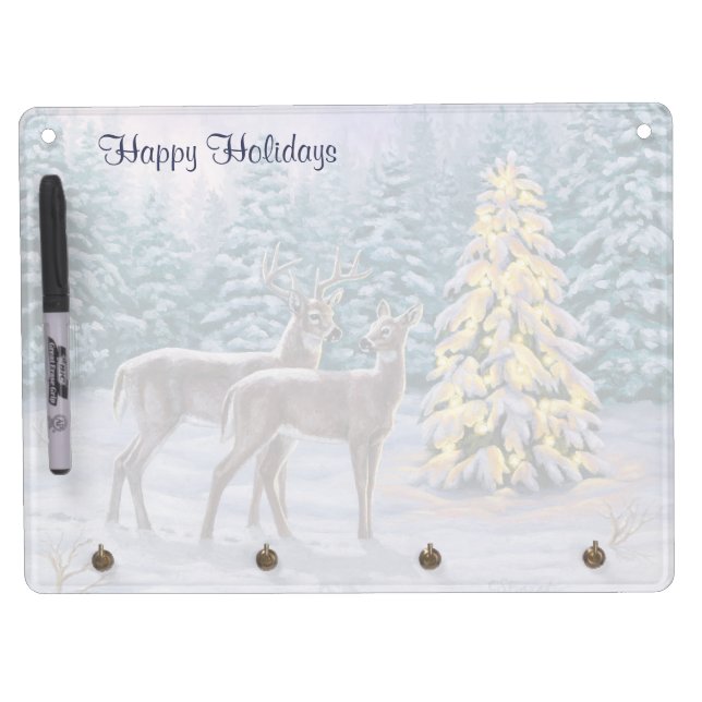 Whitetail Deer & Christmas Tree Winter Scene Dry Erase Board With Keychain Holder (Front)