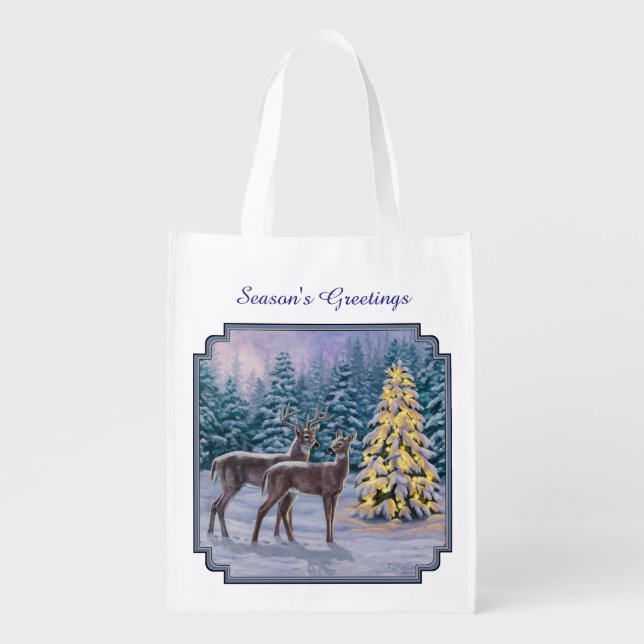 Whitetail Deer & Christmas Tree Winter Scene Grocery Bag (Front)