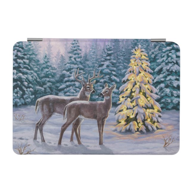 Whitetail Deer & Christmas Tree Winter Scene iPad Mini Cover (Horizontal)