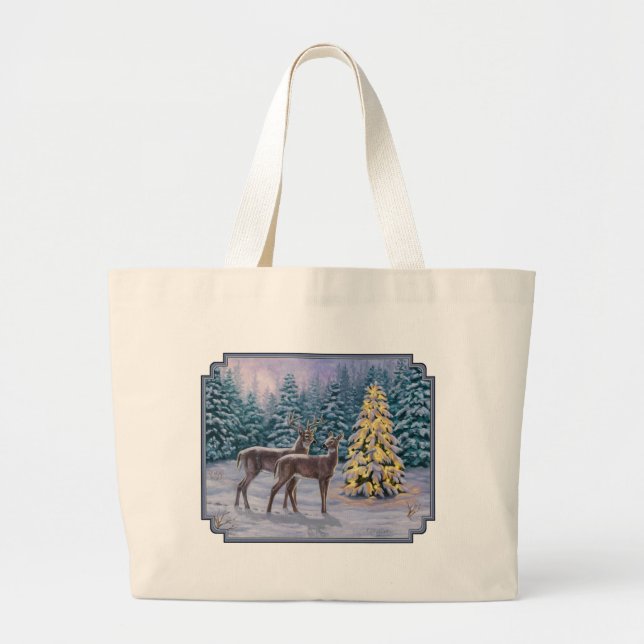 Whitetail Deer & Christmas Tree Winter Scene Large Tote Bag (Front)