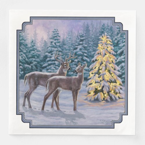 Whitetail Deer  Christmas Tree Winter Scene Paper Dinner Napkins